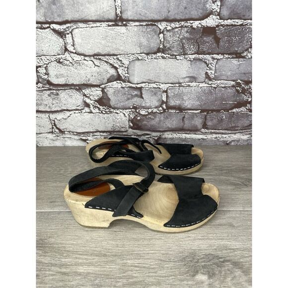 Mabo Black Leather Peep Toe Strap Sweden Clogs Heel Sandals Women Sz 34EU/4M US - Picture 15 of 16